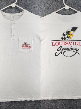 VTG Winston Louisville Racing White Short Sleeve T-shirt Button Front Pocket Men